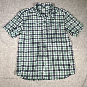 REI Button Down Shirt Mens Medium Blue Green Plaid Vented Hiking Fishing